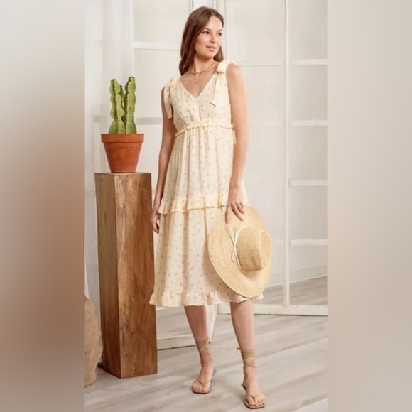 BY THE RIVER - Cream Midi Sundress with Flutter Sleeves and V-Neck - Picture 1 of 7